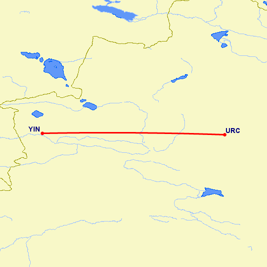 перелет Иньин — Урумги на карте