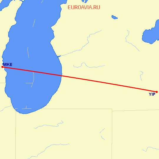 перелет Detroit, MI — Милуоки на карте