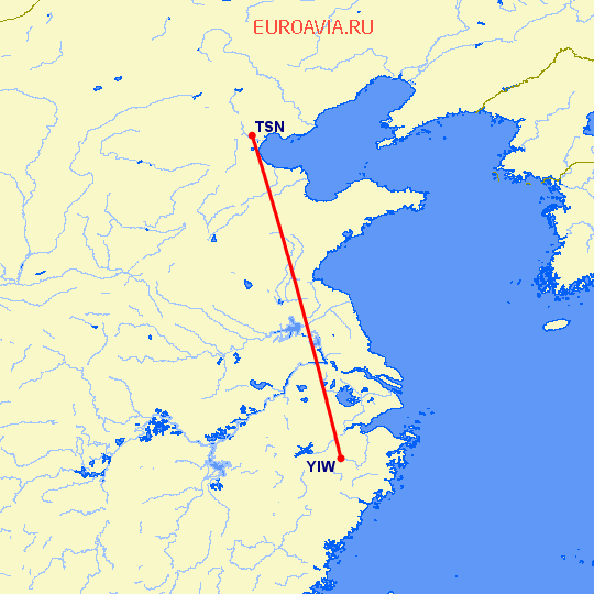 перелет Иву — Тяньцзинь на карте