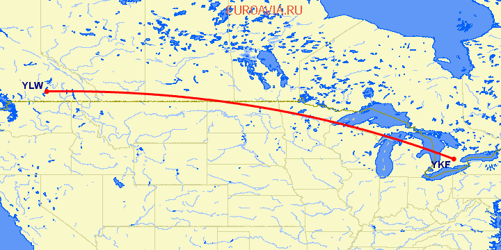 перелет Kitchener-Waterloo — Kelowna на карте