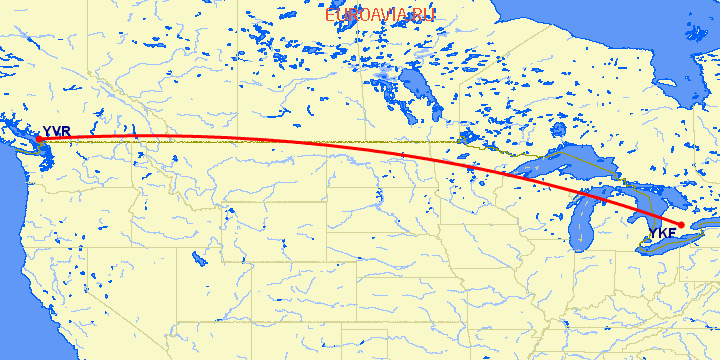 перелет Kitchener-Waterloo — Ванкувер на карте