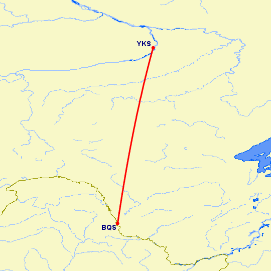 перелет Якутск — Благовещенск на карте
