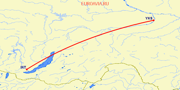 перелет Якутск — Иркутск на карте
