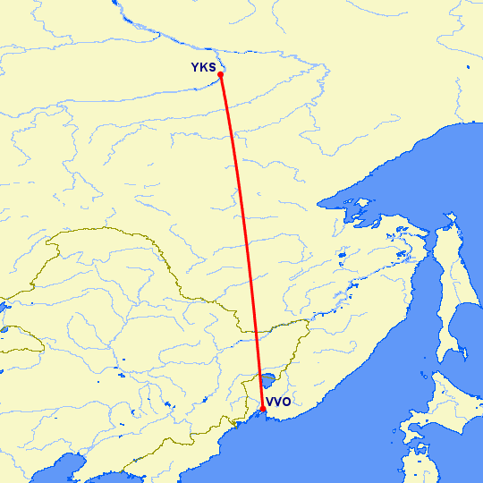 перелет Якутск — Владивосток на карте