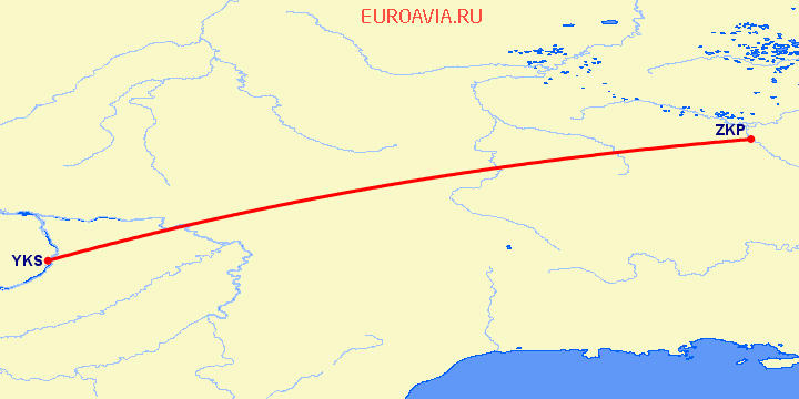 перелет Якутск — Kasompe на карте