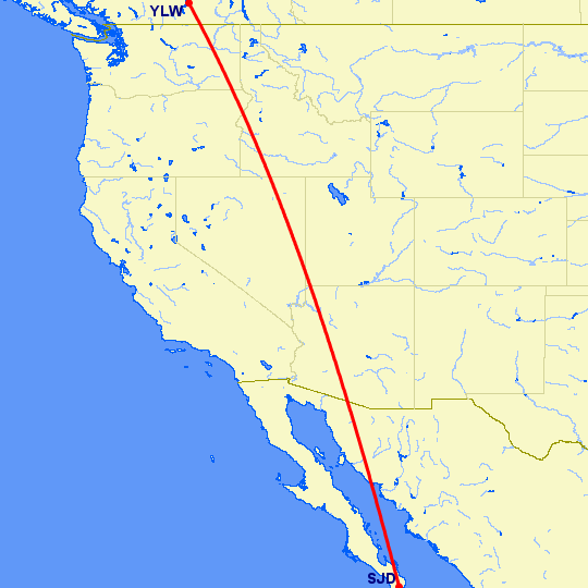 перелет Kelowna — San Jose Del Cabo на карте