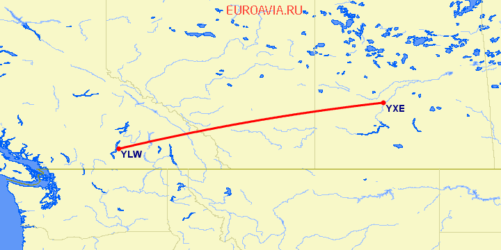 перелет Kelowna — Саскатун на карте