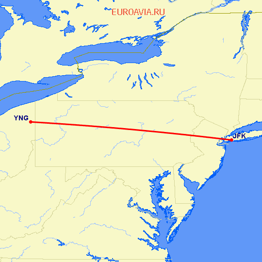 перелет Youngstown — Нью Йорк на карте