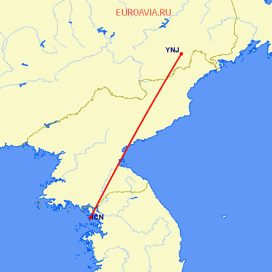 перелет Яньцзи — Сеул на карте