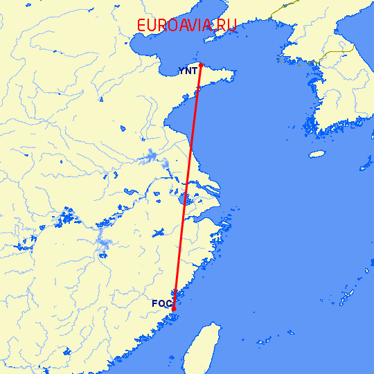 перелет Янтай — Фучжоу на карте