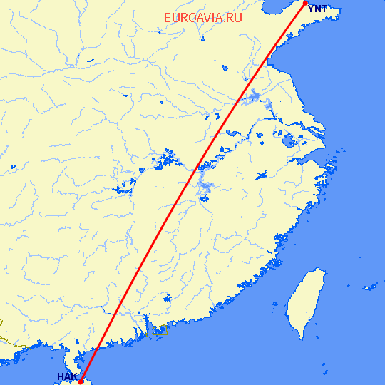 перелет Янтай — Хайкоу на карте