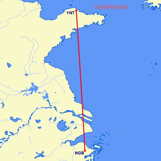 перелет Янтай — Нинбо на карте