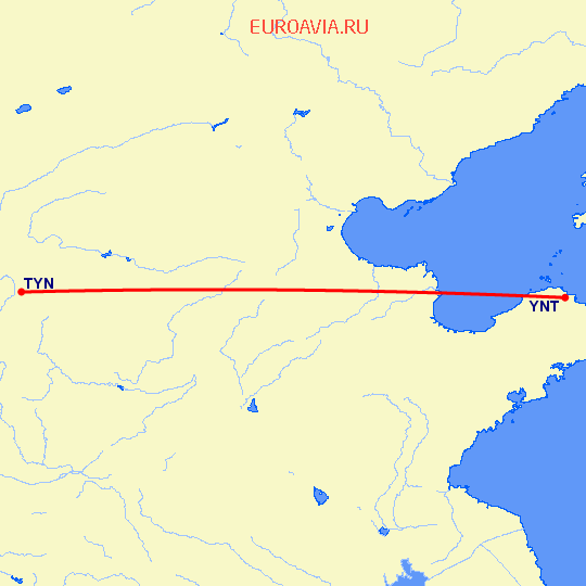 перелет Янтай — Тайюань на карте