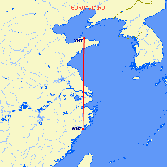 перелет Янтай — Венчжоу на карте