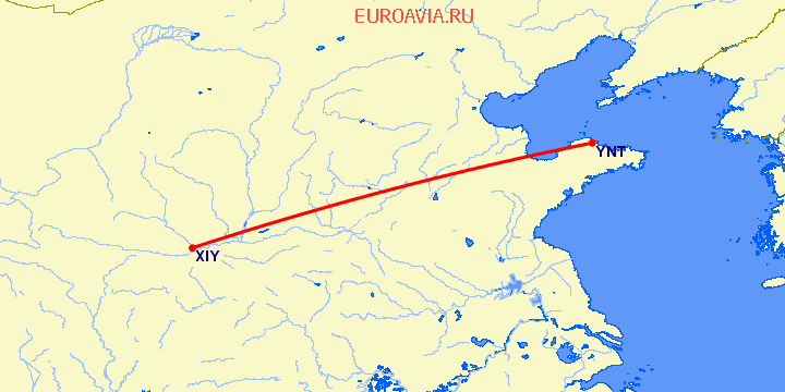 перелет Янтай — Синьян на карте