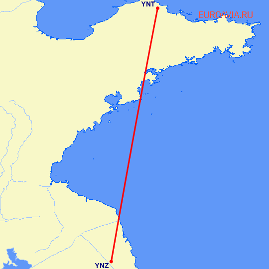перелет Яньчэн — Янтай на карте