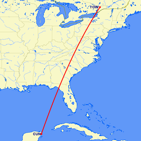 перелет Оттава — Канкун на карте