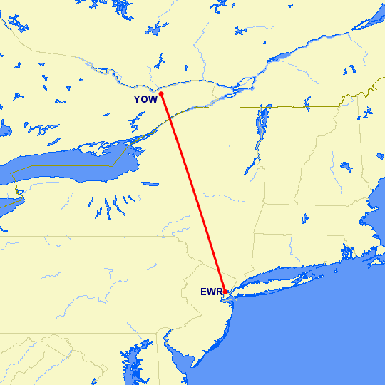 перелет Оттава — Ньюарк на карте
