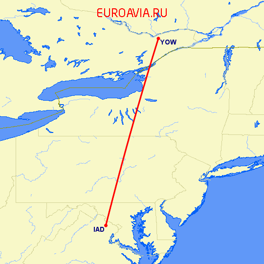 перелет Оттава — Вашингтон на карте