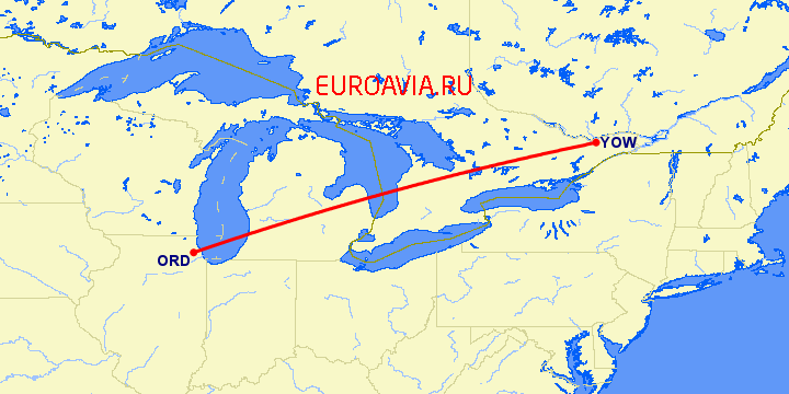 перелет Оттава — Чикаго на карте