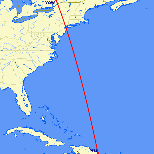 перелет Оттава — Пунта Кана на карте
