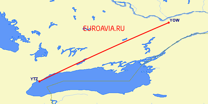 перелет Оттава — Торонто на карте