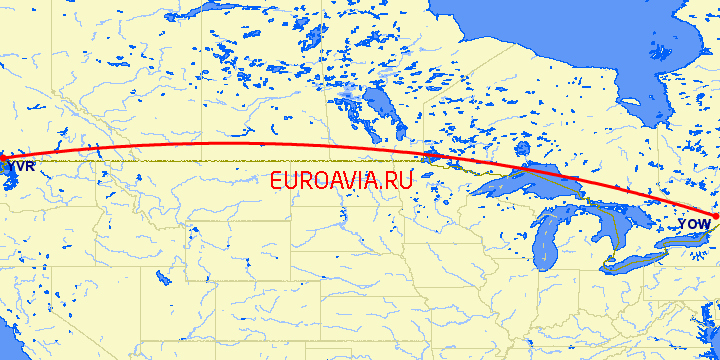 перелет Оттава — Ванкувер на карте