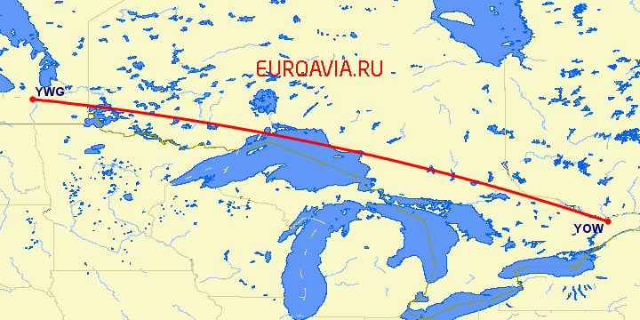 перелет Оттава — Виннипег на карте