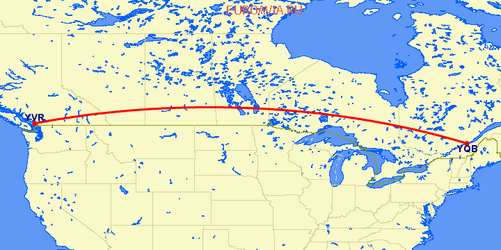 перелет Квебек — Ванкувер на карте