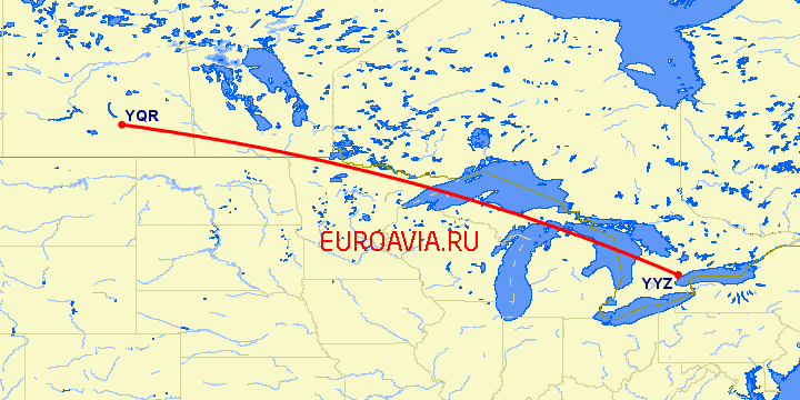 перелет Реджайна — Торонто на карте