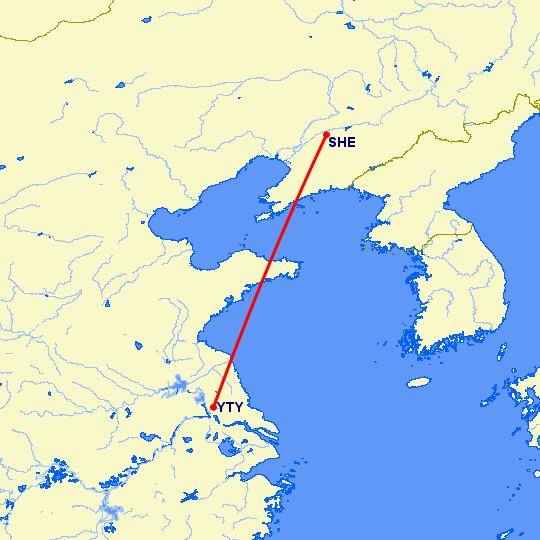 перелет Янчжоу — Шеньян на карте