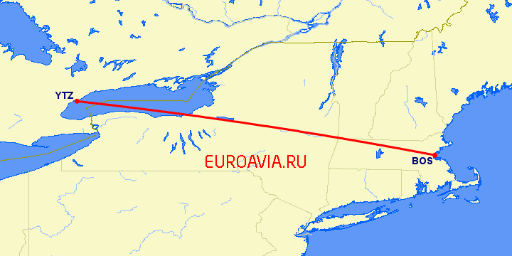 перелет Торонто — Бостон на карте