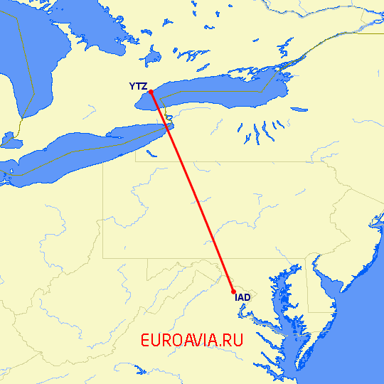 перелет Торонто — Вашингтон на карте