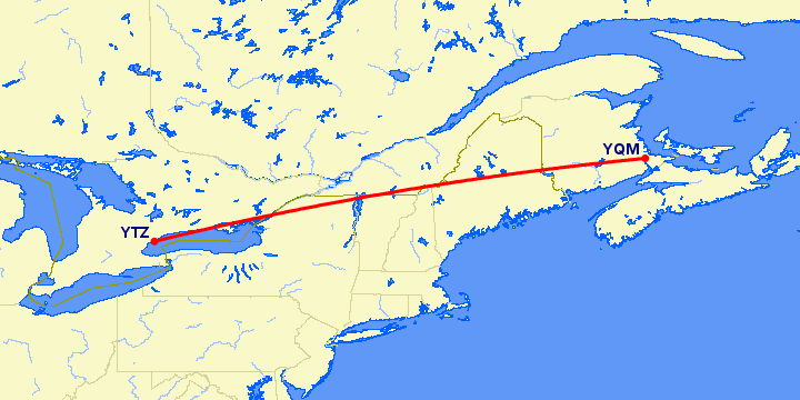 перелет Торонто — Монктон на карте