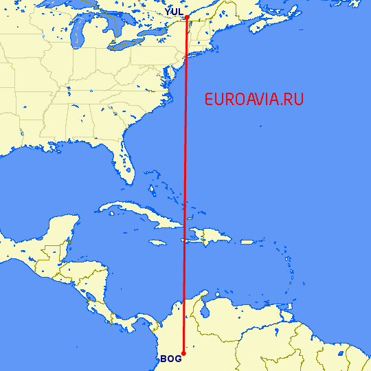 перелет Монреаль — Богота на карте