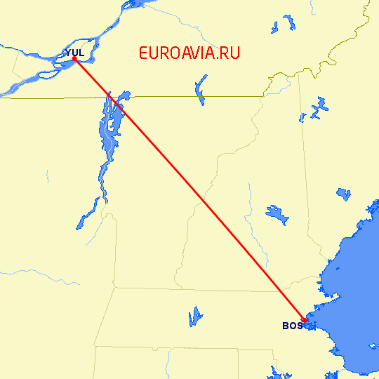 перелет Монреаль — Бостон на карте