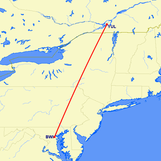 перелет Монреаль — Балтимор на карте