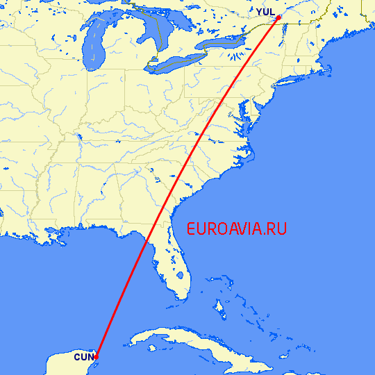 перелет Монреаль — Канкун на карте