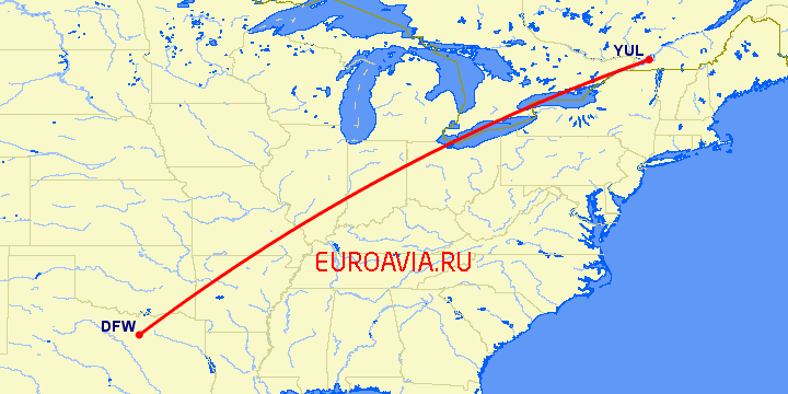 перелет Монреаль — Даллас на карте