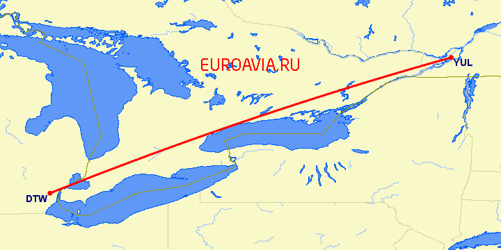 перелет Монреаль — Детройт на карте