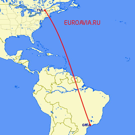 перелет Монреаль — Сан Паулу на карте