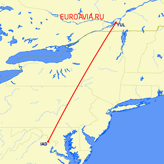 перелет Монреаль — Вашингтон на карте