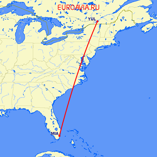 перелет Монреаль — Майами на карте