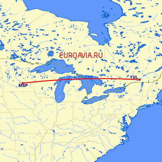 перелет Монреаль — Миннеаполис на карте