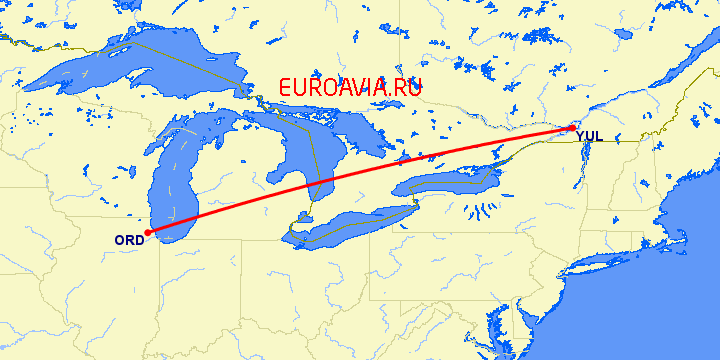 перелет Монреаль — Чикаго на карте