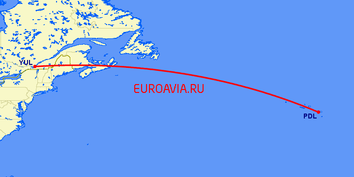 перелет Монреаль — Ponta Delgada на карте