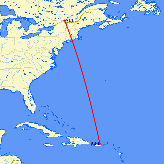 перелет Монреаль — Сан Хуан на карте
