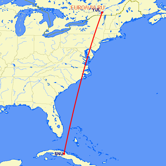 перелет Монреаль — Санта-Клара на карте