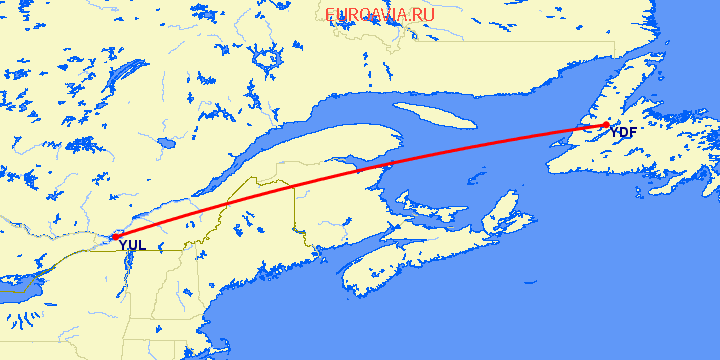 перелет Монреаль — Deer Lake на карте
