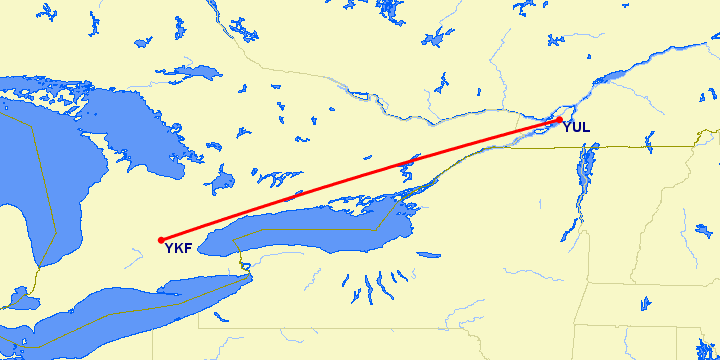 перелет Монреаль — Kitchener-Waterloo на карте